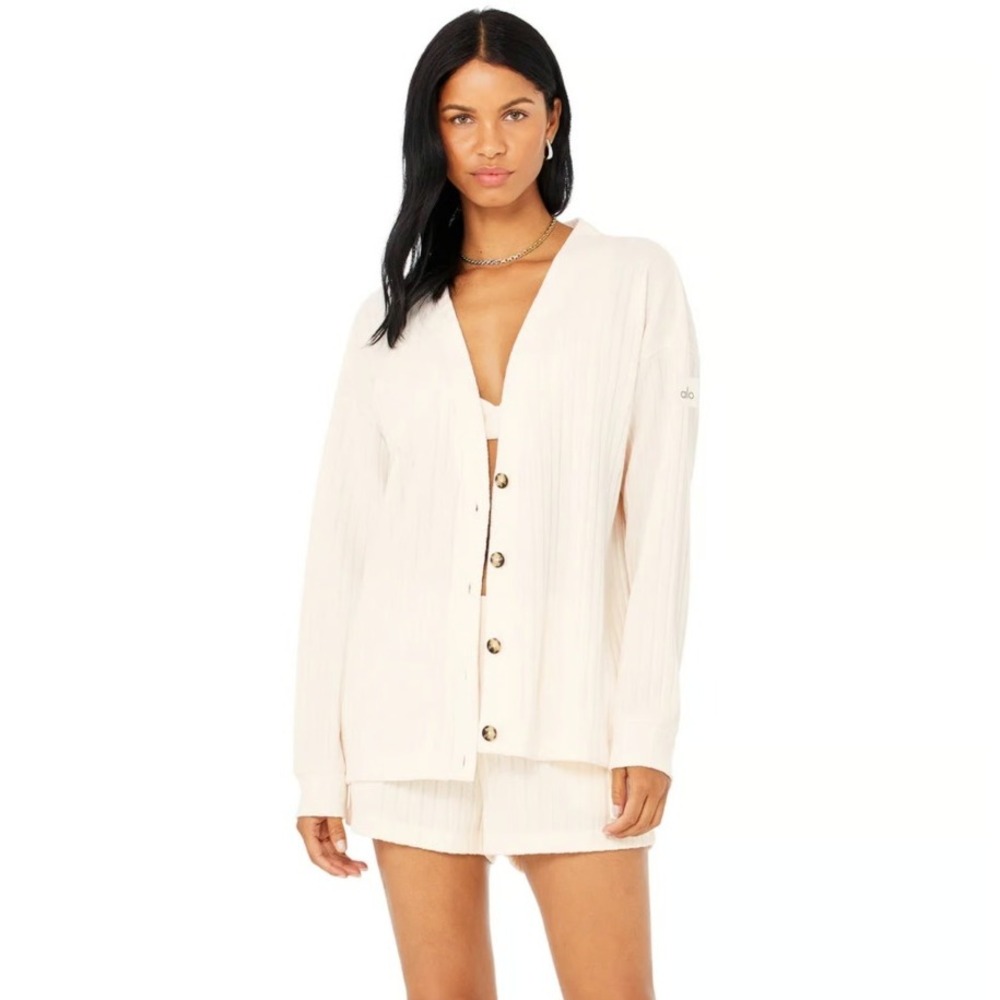 Alo Yoga Take Comfort Cardigan Women XS Ivory White Ribbed Knit Button Sweater